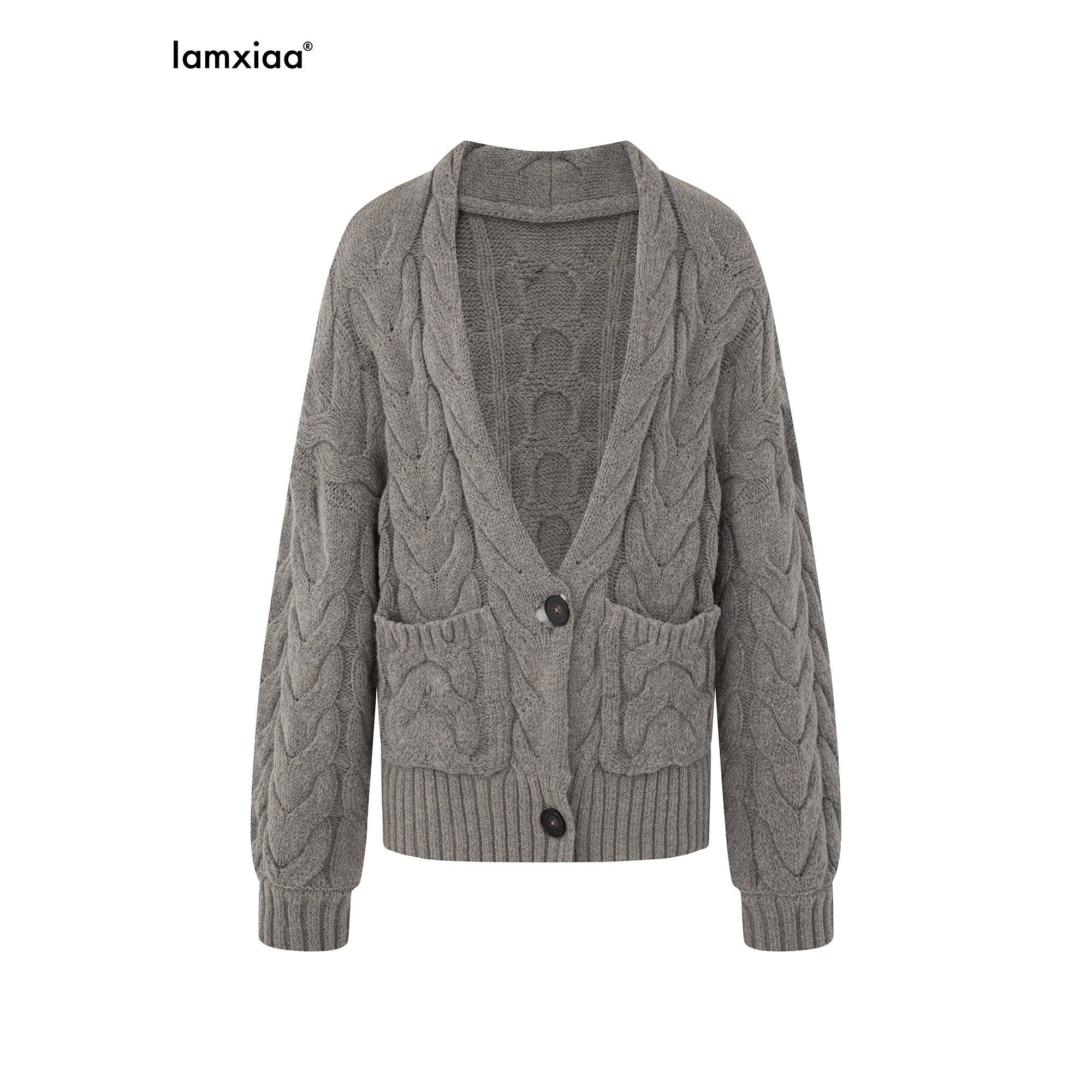 iamxiaa Handmade Look Chunky Cable Drop Shoulder Relaxed Deep V Women's Knit Cardigans 978677704704