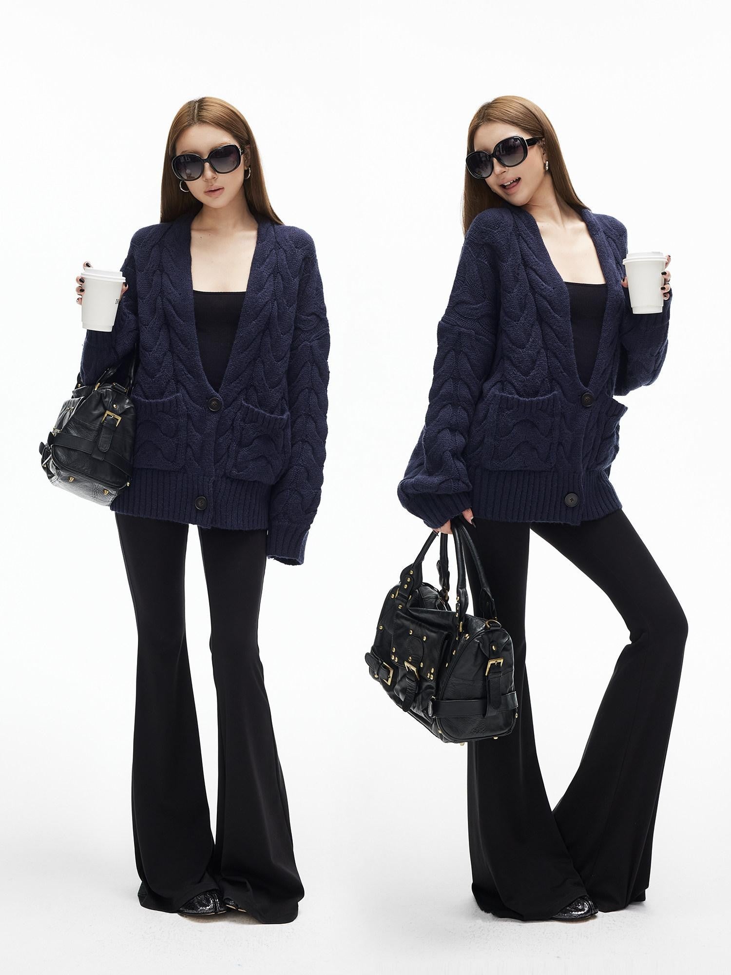 iamxiaa Handmade Look Chunky Cable Drop Shoulder Relaxed Deep V Women's Knit Cardigans