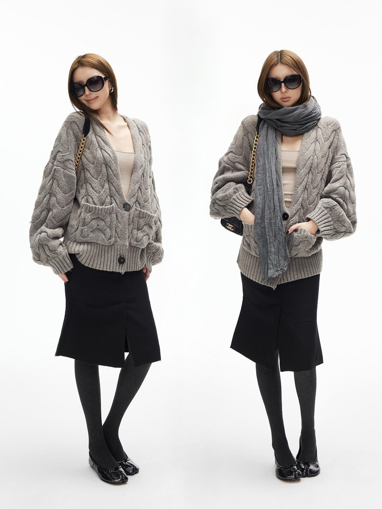 iamxiaa Handmade Look Chunky Cable Drop Shoulder Relaxed Deep V Women's Knit Cardigans