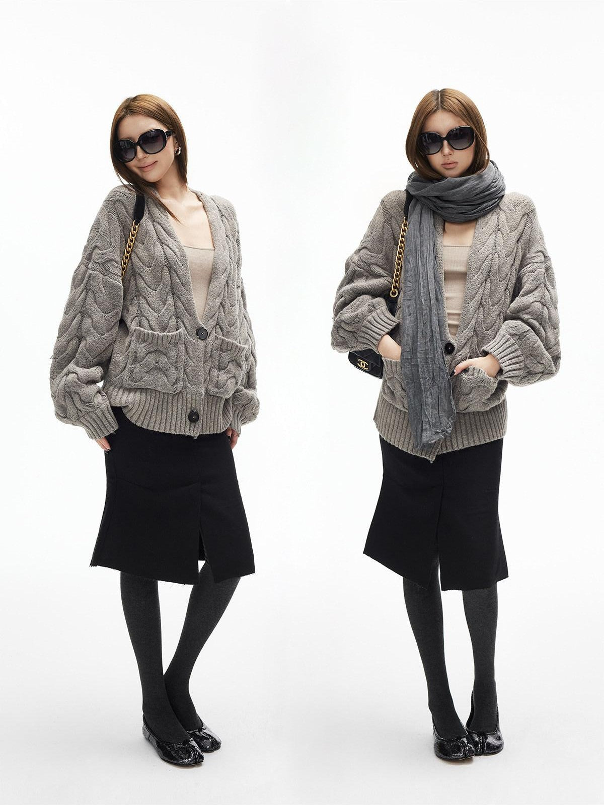 iamxiaa Handmade Look Chunky Cable Drop Shoulder Relaxed Deep V Women's Knit Cardigans
