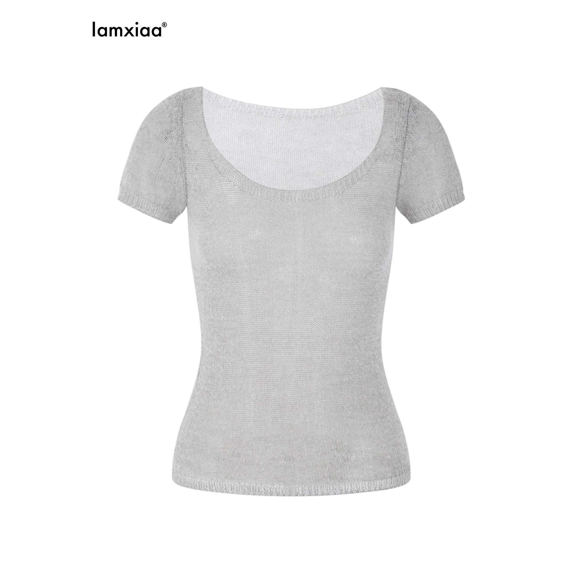 iamxiaa Hazy Sheer Knit Slim Fit Crewneck Women's Alpaca Wool Short Sleeve T-shirts 1031118966014
