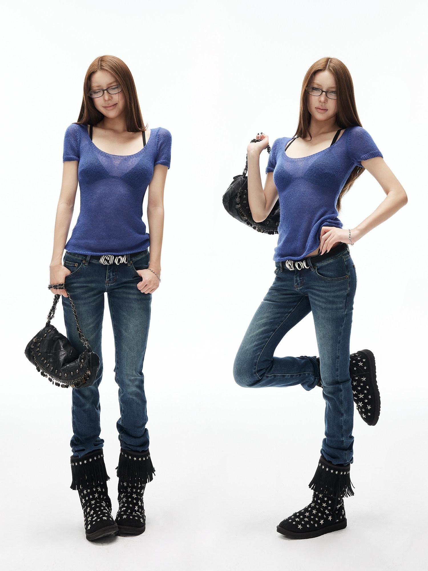 iamxiaa Hazy Sheer Knit Slim Fit Crewneck Women's Alpaca Wool Short Sleeve T-shirts