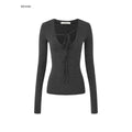 iamxiaa Heather Gray Asymmetric Tie Deep V Slim Women's Brushed Long Sleeve T-shirts 950537491633
