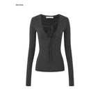 iamxiaa Heather Gray Asymmetric Tie Deep V Slim Women's Brushed Long Sleeve T-shirts 950537491633