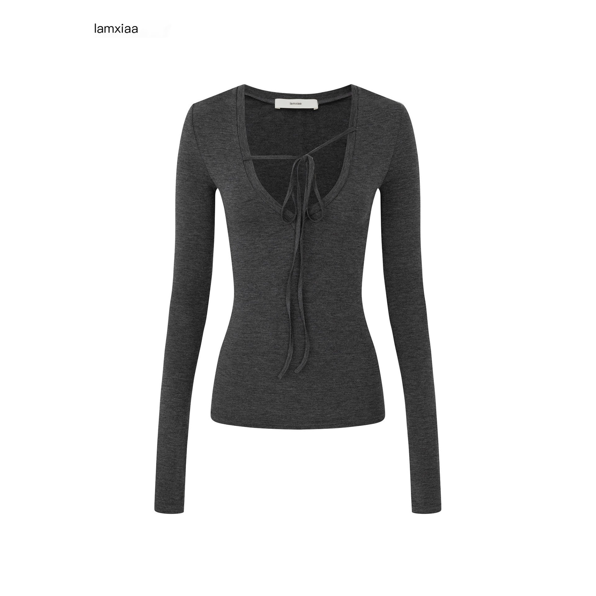 iamxiaa Heather Gray Asymmetric Tie Deep V Slim Women's Brushed Long Sleeve T-shirts 950537491633