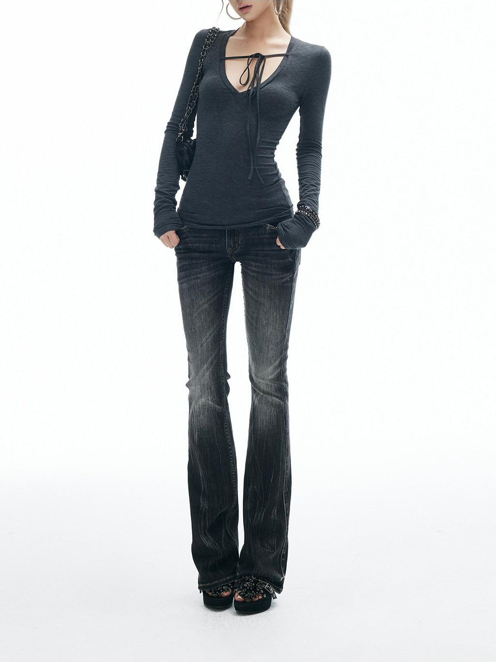 iamxiaa Heather Gray Asymmetric Tie Deep V Slim Women's Brushed Long Sleeve T-shirts