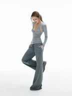 iamxiaa Heather Gray Star Applique Frayed Hem Women's High Cotton Straight Pants