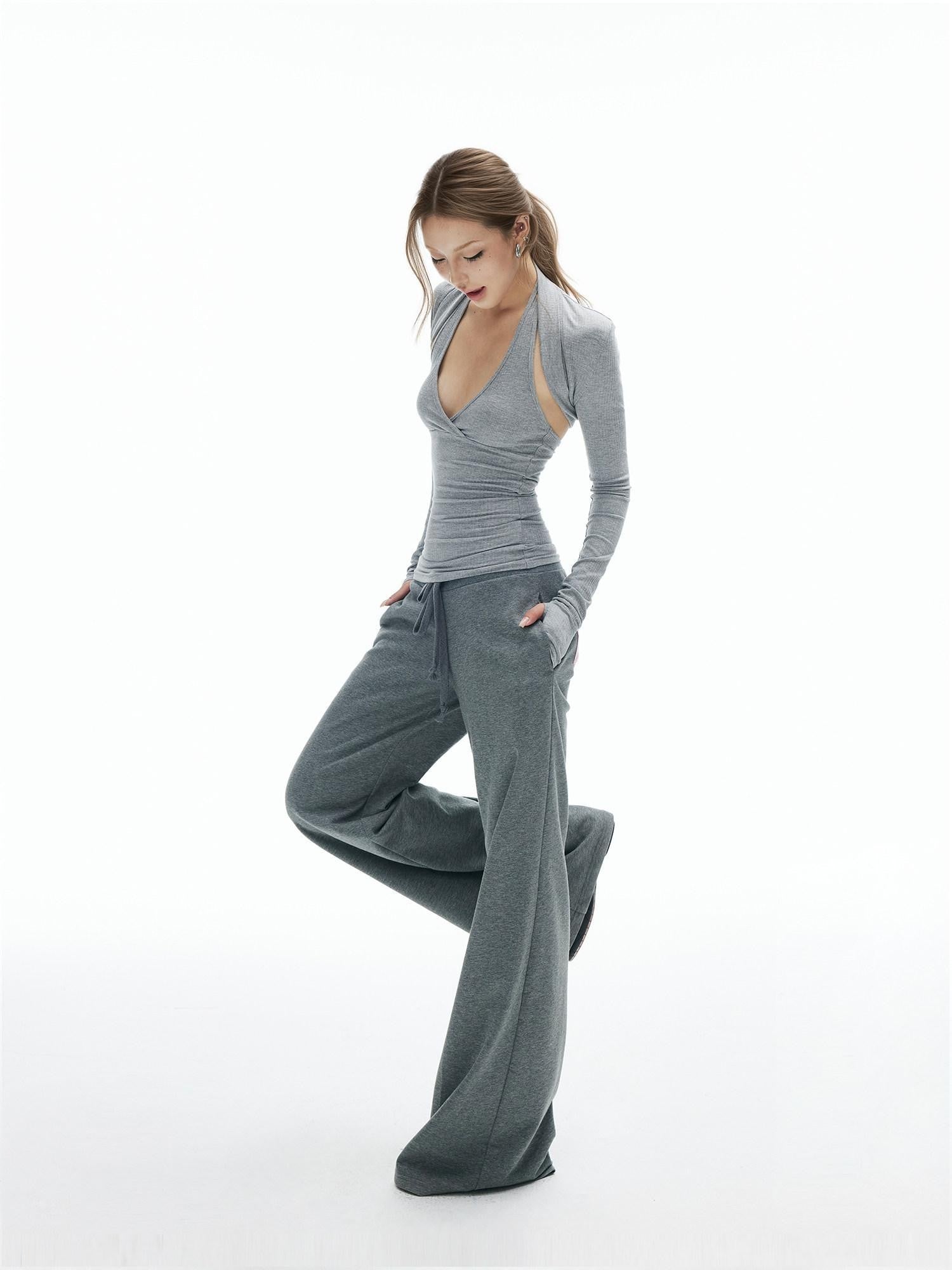 iamxiaa Heather Gray Star Applique Frayed Hem Women's High Cotton Straight Pants