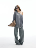iamxiaa Heather Gray Star Applique Frayed Hem Women's High Cotton Straight Pants