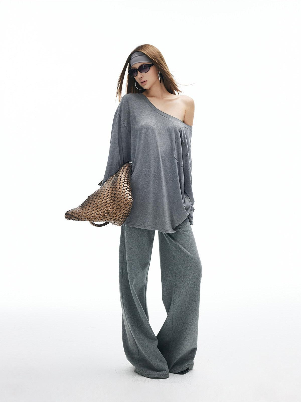iamxiaa Heather Gray Star Applique Frayed Hem Women's High Cotton Straight Pants