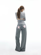 iamxiaa Heather Gray Star Applique Frayed Hem Women's High Cotton Straight Pants