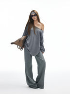 iamxiaa Heather Gray Star Applique Frayed Hem Women's High Cotton Straight Pants