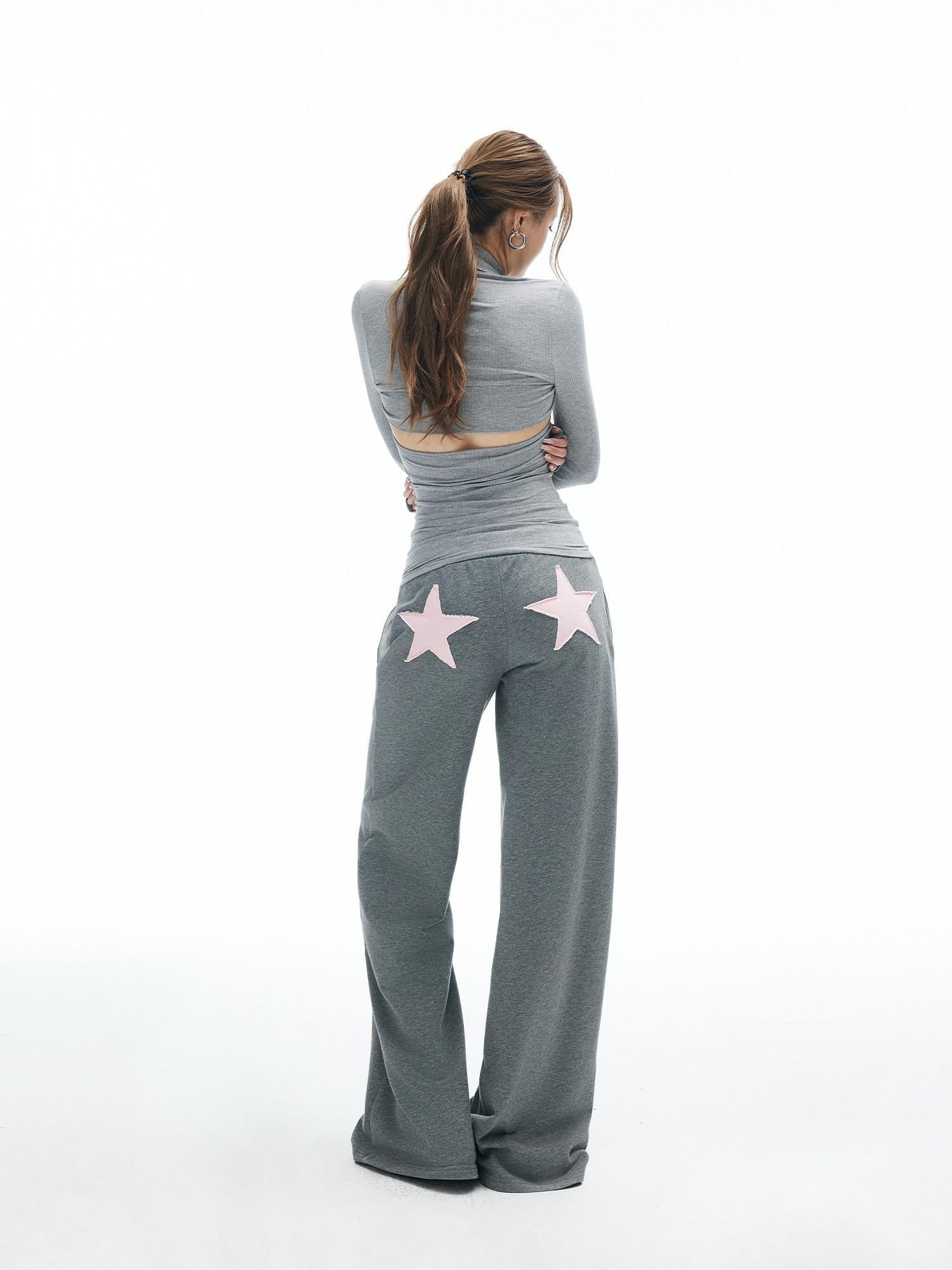 iamxiaa Heather Gray Star Applique Frayed Hem Women's High Cotton Straight Pants