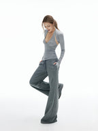 iamxiaa Heather Gray Star Applique Frayed Hem Women's High Cotton Straight Pants