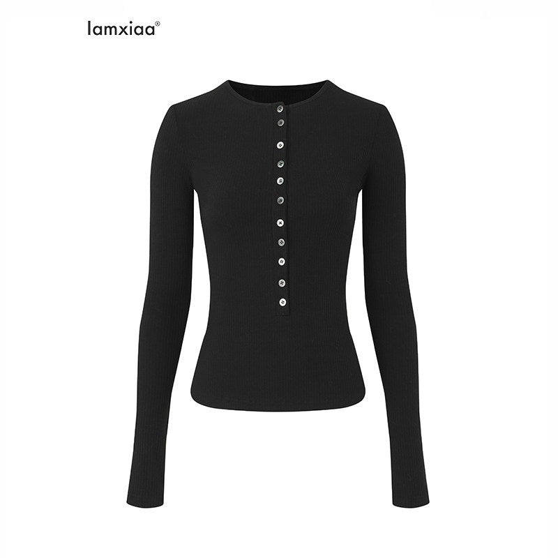 iamxiaa Henley V-neck Slim Fit Layering Women's Knit Long Sleeve T-shirts 842258298182