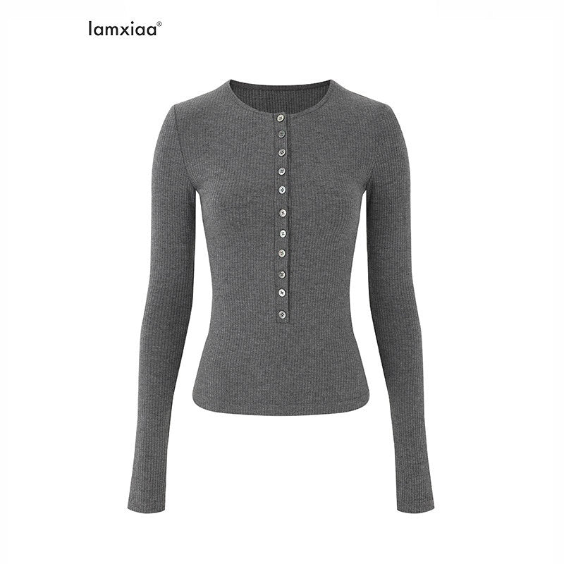 iamxiaa Henley V-neck Slim Fit Layering Women's Knit Long Sleeve T-shirts 842258298182