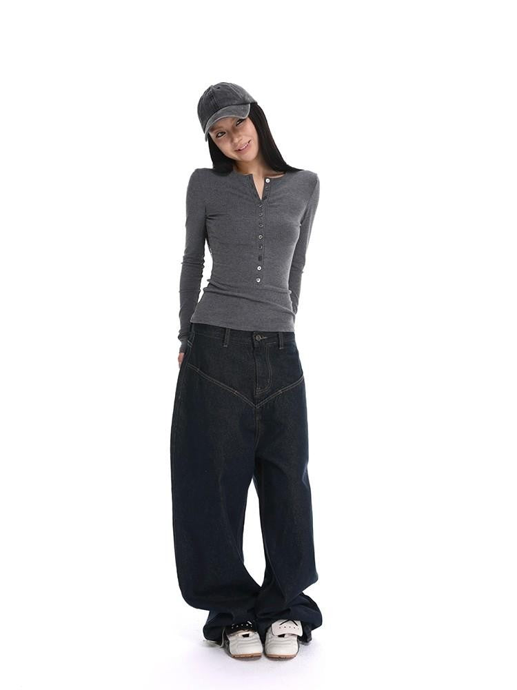 iamxiaa Henley V-neck Slim Fit Layering Women's Knit Long Sleeve T-shirts