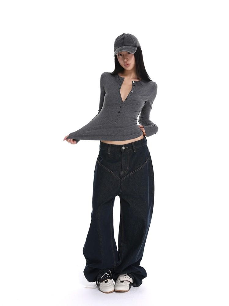 iamxiaa Henley V-neck Slim Fit Layering Women's Knit Long Sleeve T-shirts