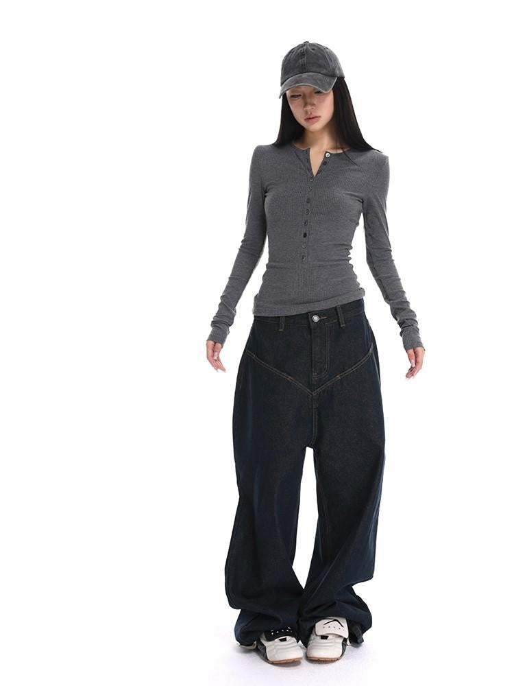 iamxiaa Henley V-neck Slim Fit Layering Women's Knit Long Sleeve T-shirts