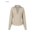 iamxiaa Khaki Melange Tonal Jacquard V-neck Tie Back Women's Fine Linen Shirts 977140655353