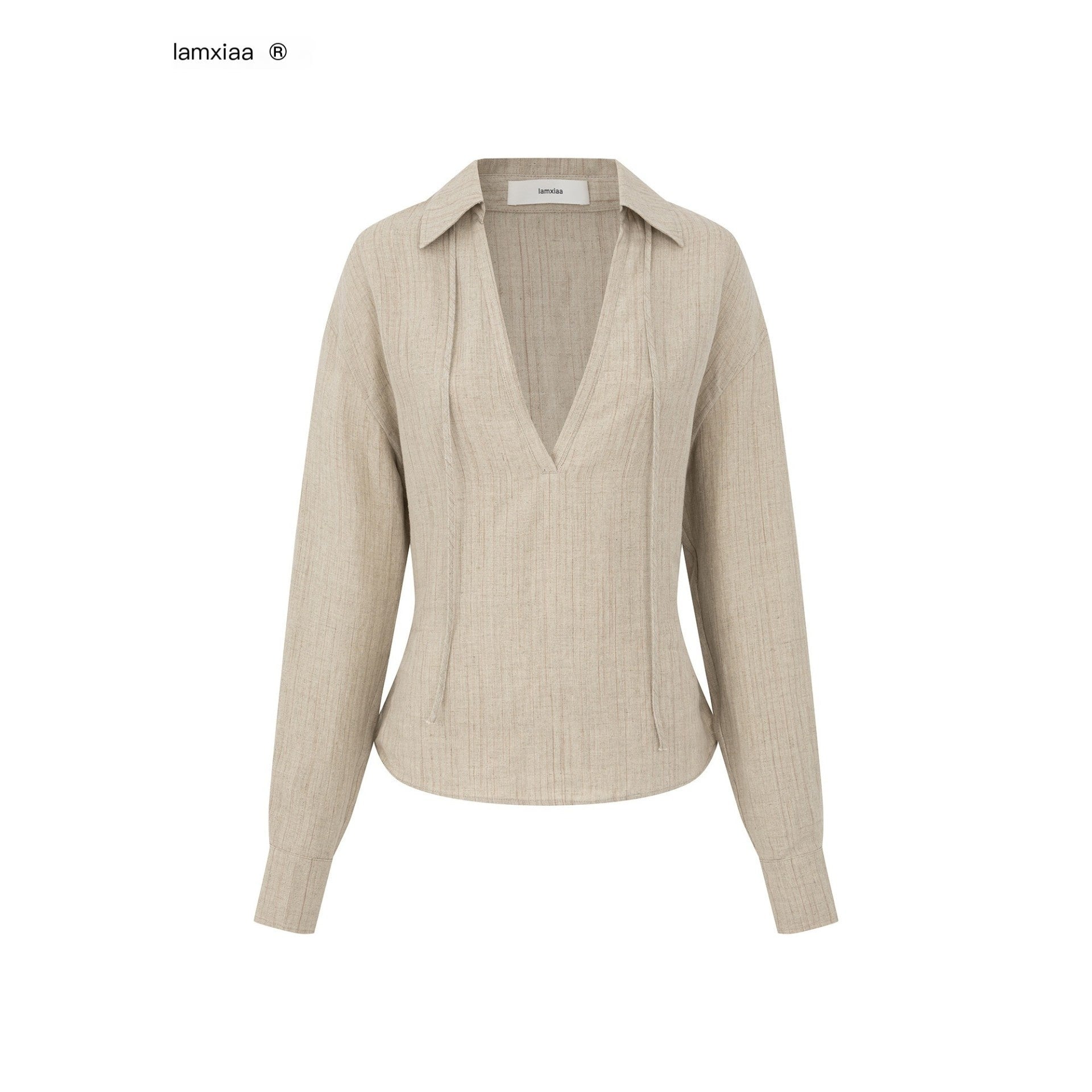 iamxiaa Khaki Melange Tonal Jacquard V-neck Tie Back Women's Fine Linen Shirts 977140655353