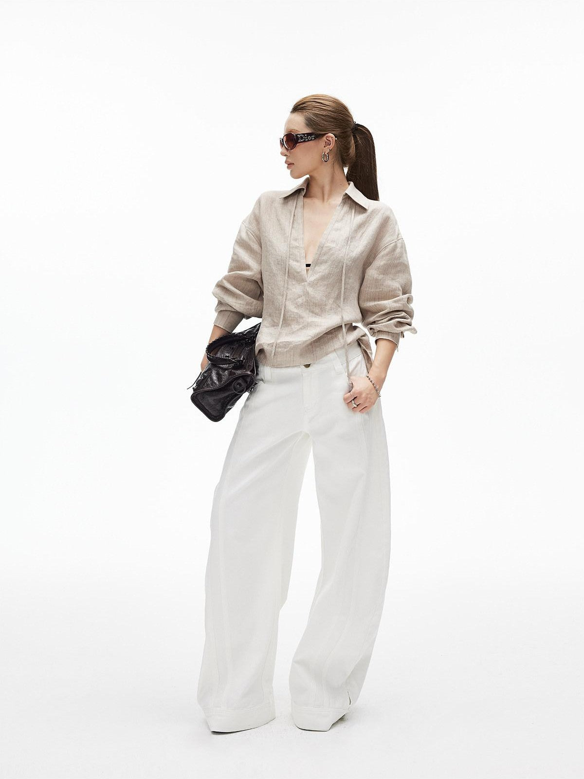 iamxiaa Khaki Melange Tonal Jacquard V-neck Tie Back Women's Fine Linen Shirts