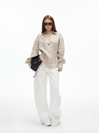iamxiaa Khaki Melange Tonal Jacquard V-neck Tie Back Women's Fine Linen Shirts