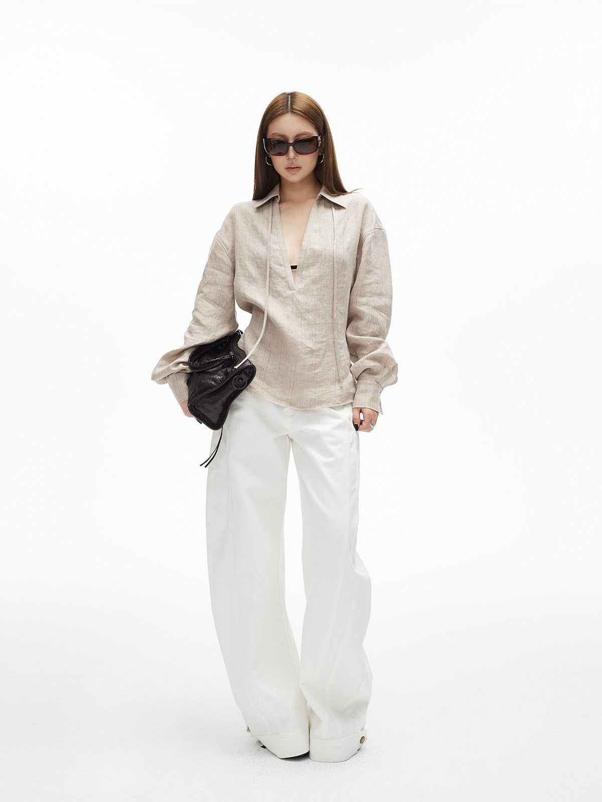 iamxiaa Khaki Melange Tonal Jacquard V-neck Tie Back Women's Fine Linen Shirts