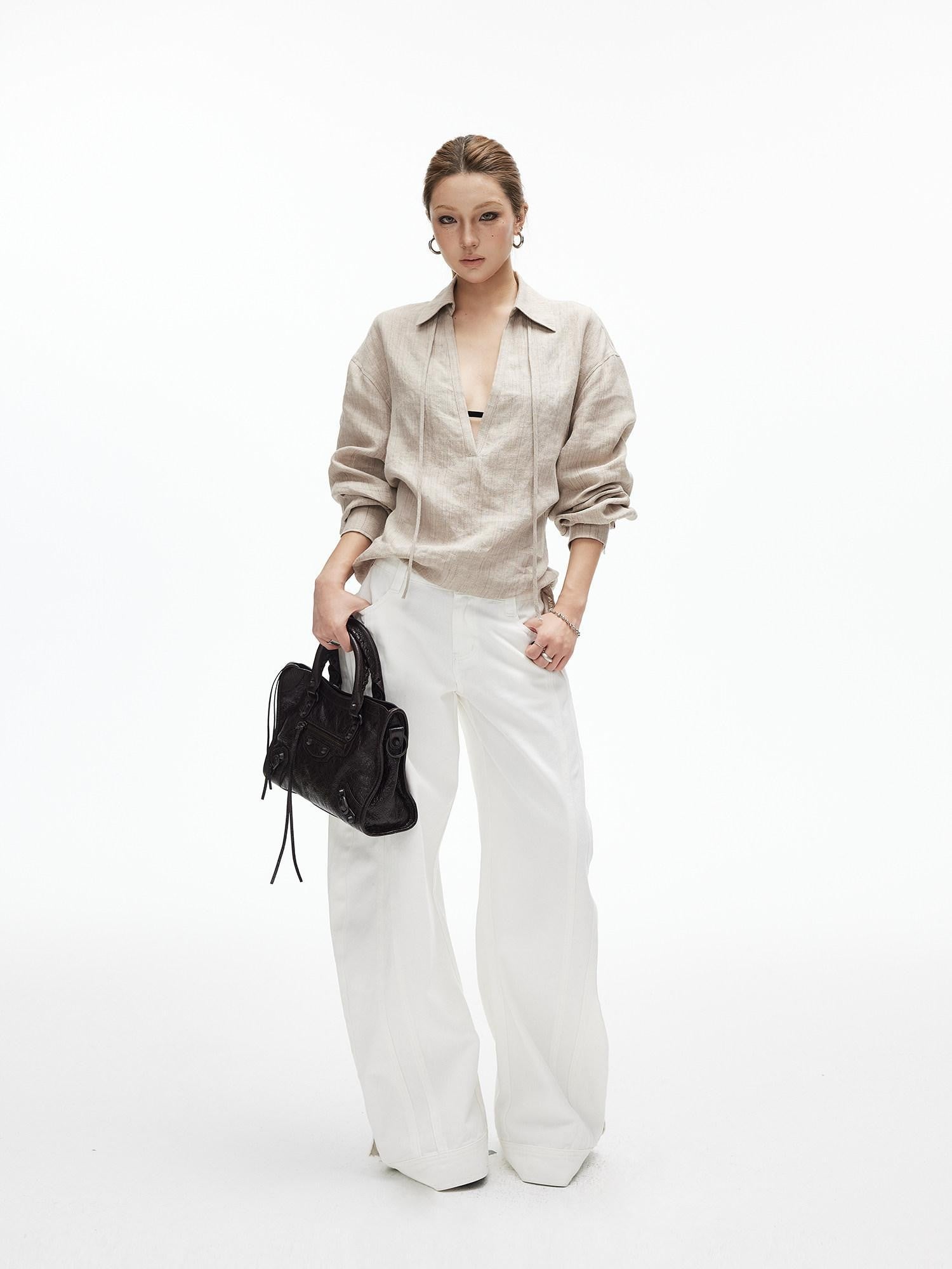 iamxiaa Khaki Melange Tonal Jacquard V-neck Tie Back Women's Fine Linen Shirts
