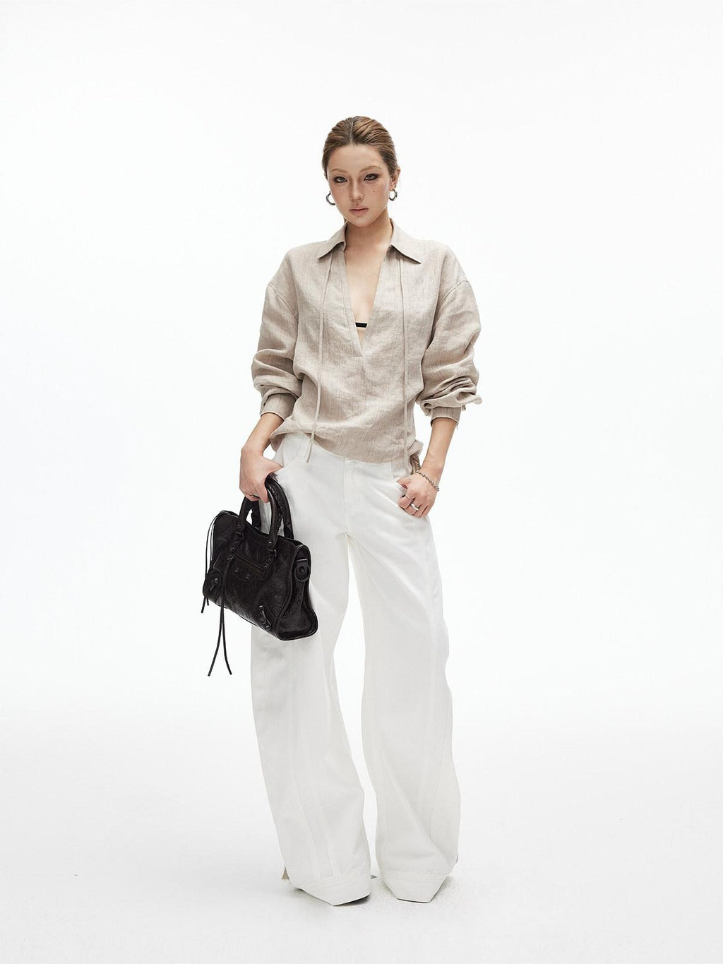 iamxiaa Khaki Melange Tonal Jacquard V-neck Tie Back Women's Fine Linen Shirts