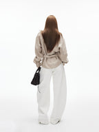 iamxiaa Khaki Melange Tonal Jacquard V-neck Tie Back Women's Fine Linen Shirts