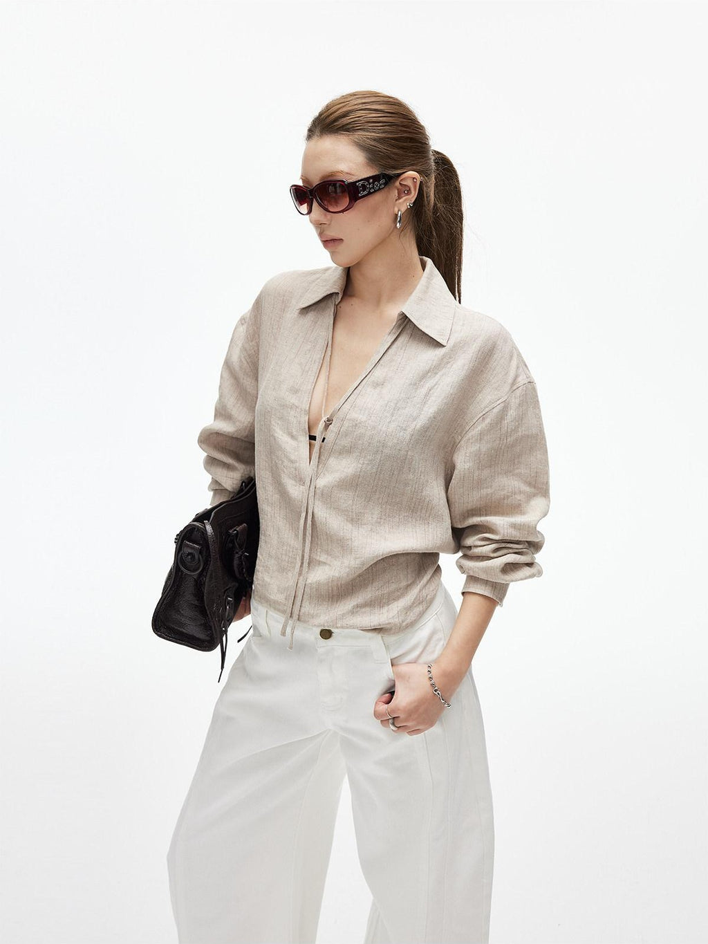 iamxiaa Khaki Melange Tonal Jacquard V-neck Tie Back Women's Fine Linen Shirts