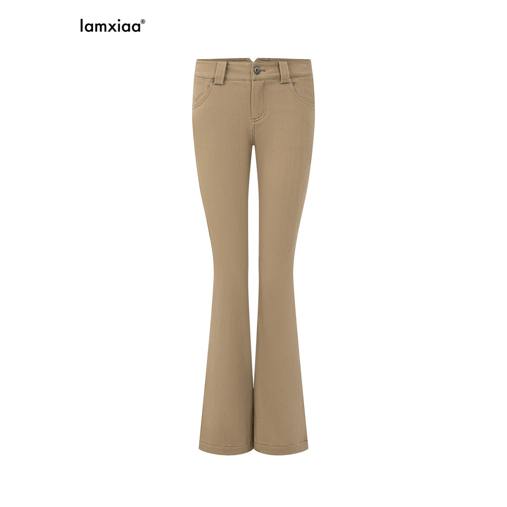 iamxiaa Khaki Slub Texture Low Waist Flap Pocket Women's Stretch Lyocell Flare Pants 1037668070490