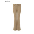 iamxiaa Khaki Slub Texture Low Waist Flap Pocket Women's Stretch Lyocell Flare Pants 1037668070490