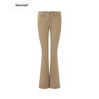 iamxiaa Khaki Slub Texture Low Waist Flap Pocket Women's Stretch Lyocell Flare Pants 1037668070490