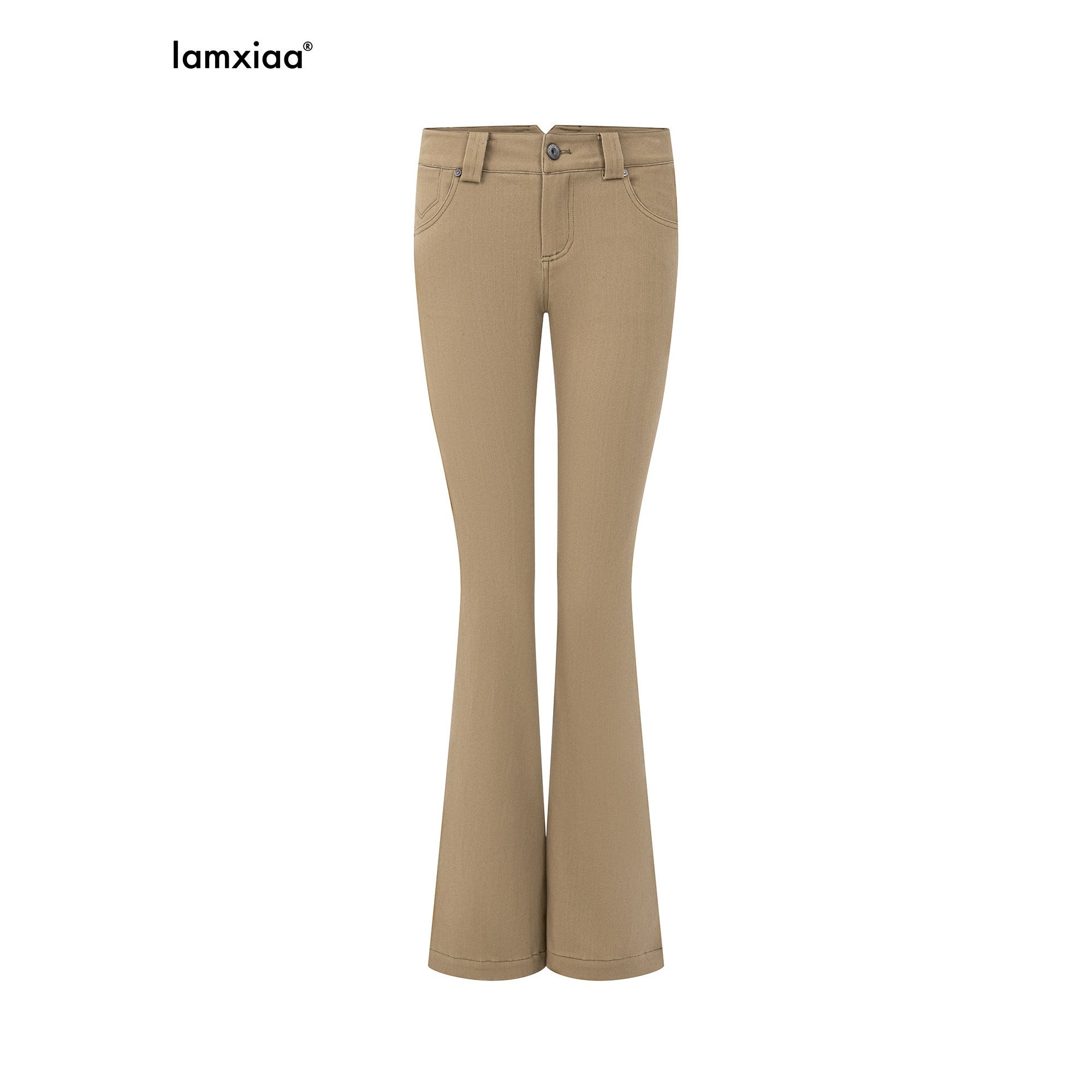 iamxiaa Khaki Slub Texture Low Waist Flap Pocket Women's Stretch Lyocell Flare Pants 1037668070490