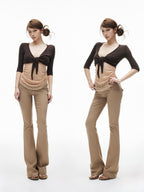 iamxiaa Khaki Slub Texture Low Waist Flap Pocket Women's Stretch Lyocell Flare Pants
