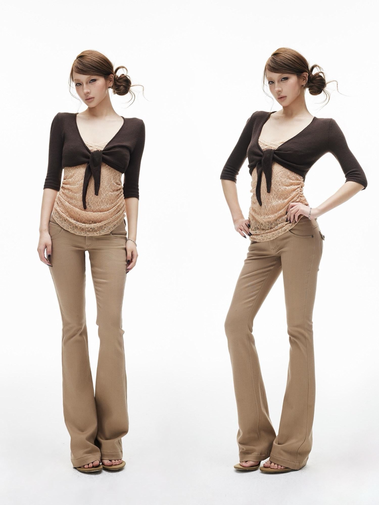 iamxiaa Khaki Slub Texture Low Waist Flap Pocket Women's Stretch Lyocell Flare Pants