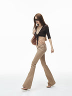 iamxiaa Khaki Slub Texture Low Waist Flap Pocket Women's Stretch Lyocell Flare Pants