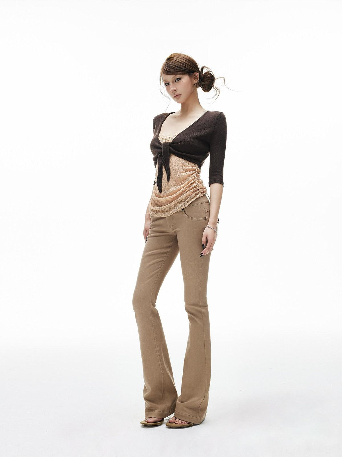 iamxiaa Khaki Slub Texture Low Waist Flap Pocket Women's Stretch Lyocell Flare Pants