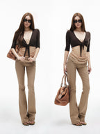 iamxiaa Khaki Slub Texture Low Waist Flap Pocket Women's Stretch Lyocell Flare Pants