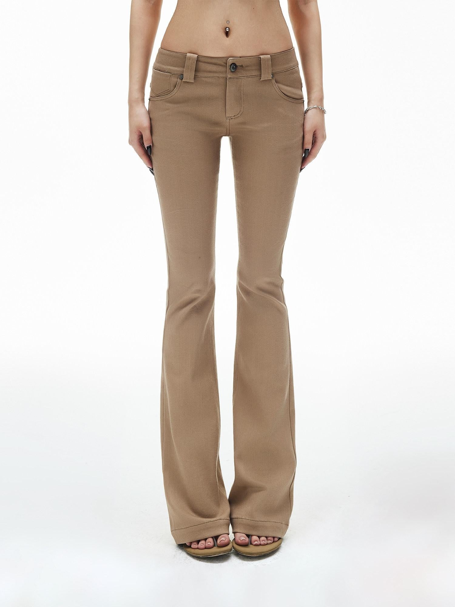 iamxiaa Khaki Slub Texture Low Waist Flap Pocket Women's Stretch Lyocell Flare Pants
