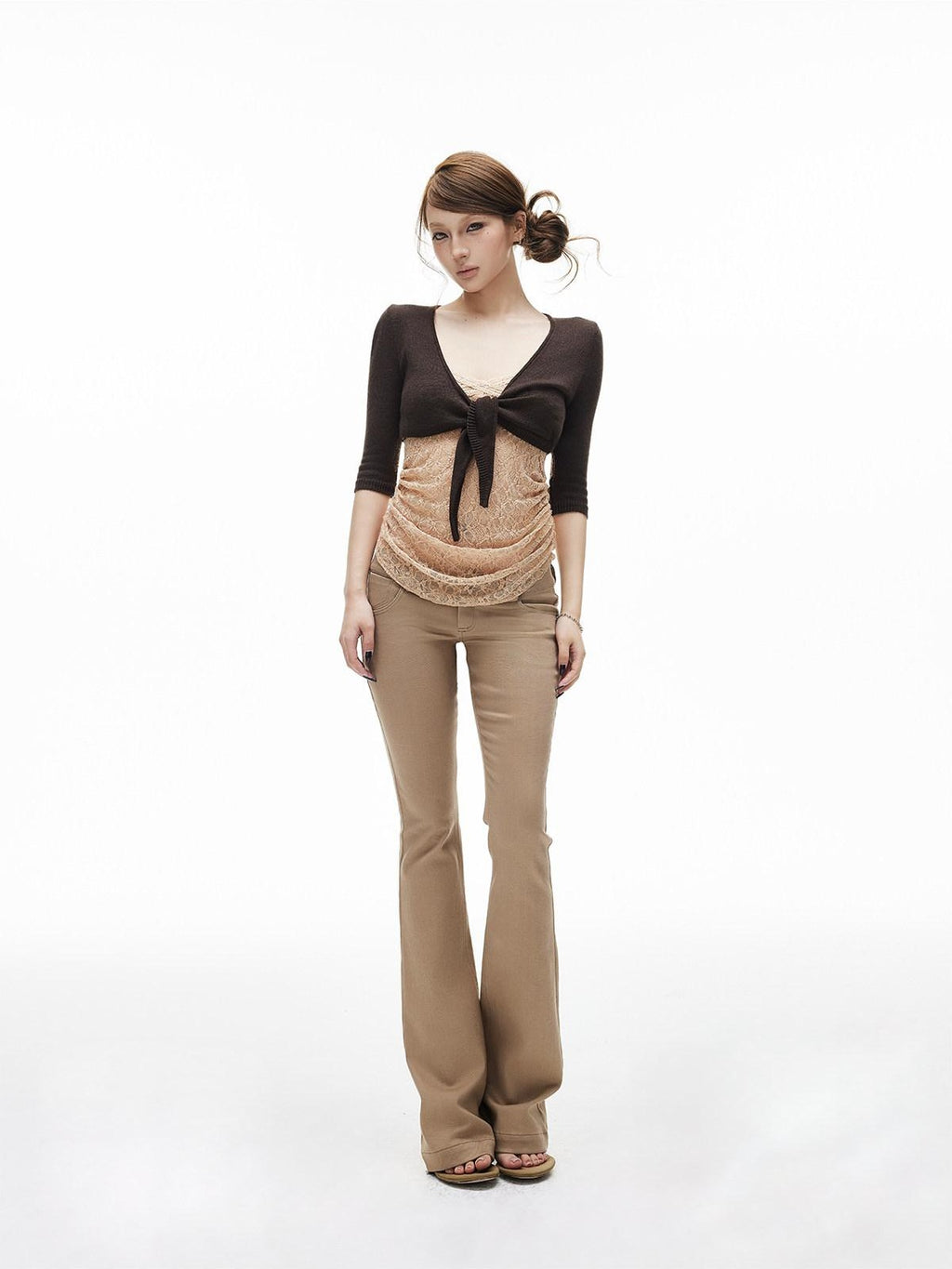 iamxiaa Khaki Slub Texture Low Waist Flap Pocket Women's Stretch Lyocell Flare Pants