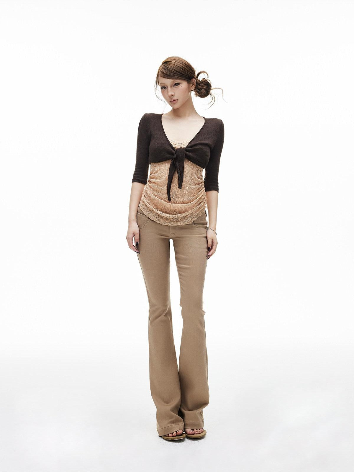 iamxiaa Khaki Slub Texture Low Waist Flap Pocket Women's Stretch Lyocell Flare Pants