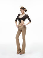 iamxiaa Khaki Slub Texture Low Waist Flap Pocket Women's Stretch Lyocell Flare Pants