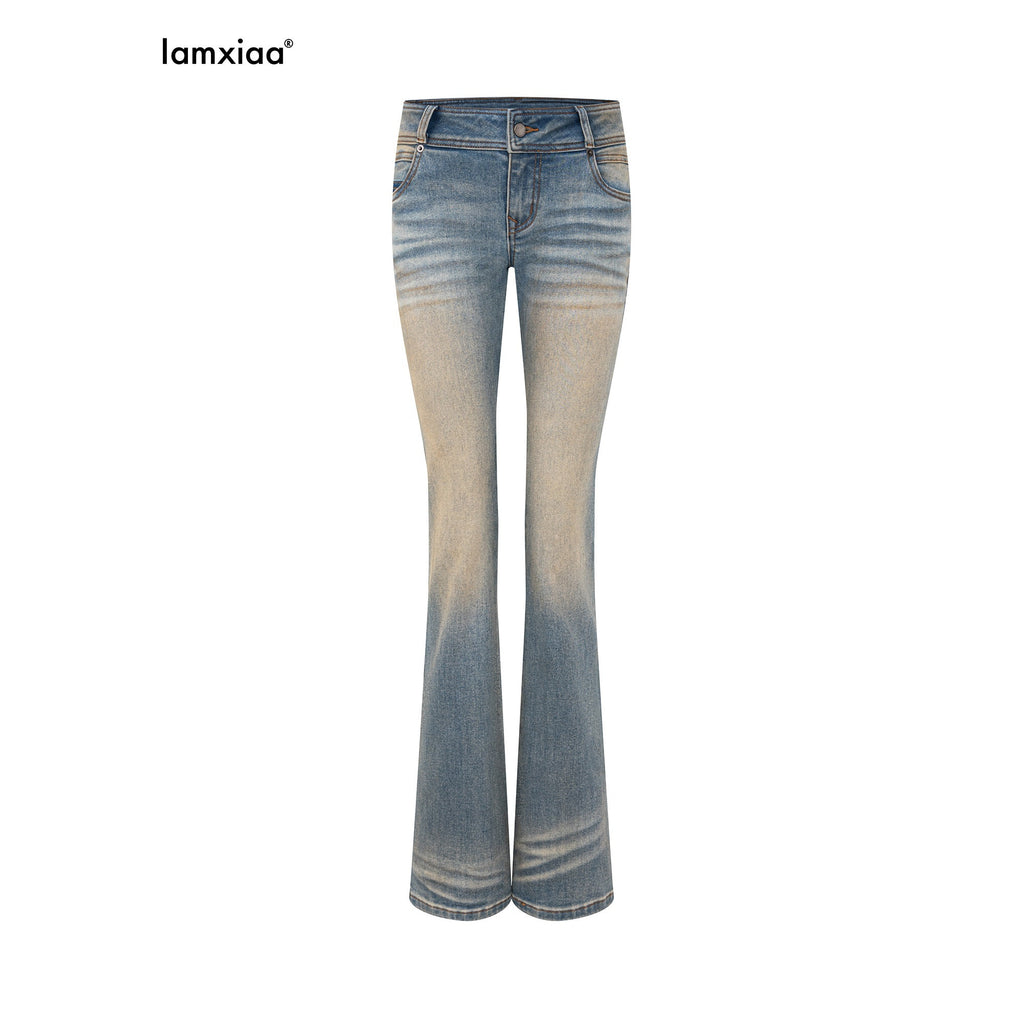 iamxiaa Khaki Washed Vintage Low Waist Embroidered Back Women's Cotton Denim Flare Jeans 1044638445210