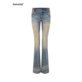 iamxiaa Khaki Washed Vintage Low Waist Embroidered Back Women's Cotton Denim Flare Jeans 1044638445210