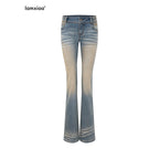 iamxiaa Khaki Washed Vintage Low Waist Embroidered Back Women's Cotton Denim Flare Jeans 1044638445210
