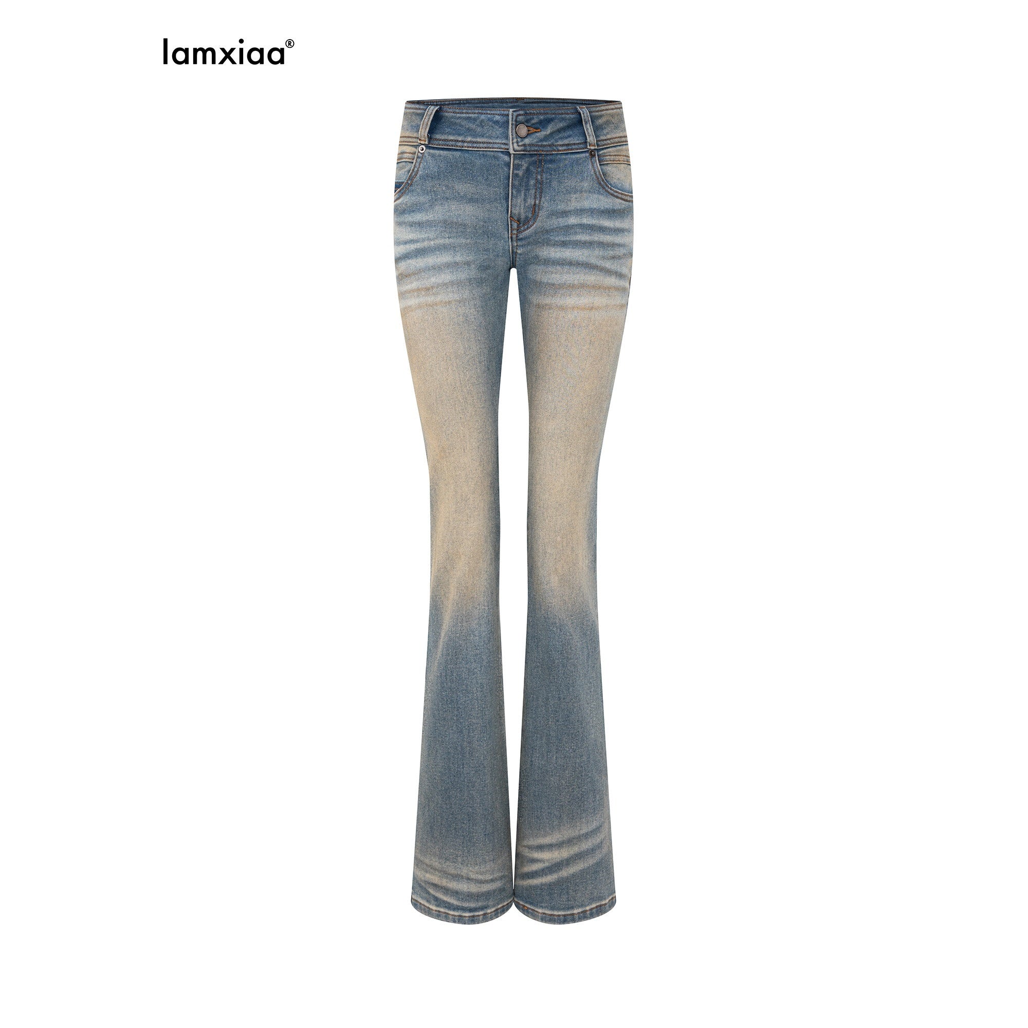iamxiaa Khaki Washed Vintage Low Waist Embroidered Back Women's Cotton Denim Flare Jeans 1044638445210