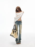 iamxiaa Khaki Washed Vintage Low Waist Embroidered Back Women's Cotton Denim Flare Jeans